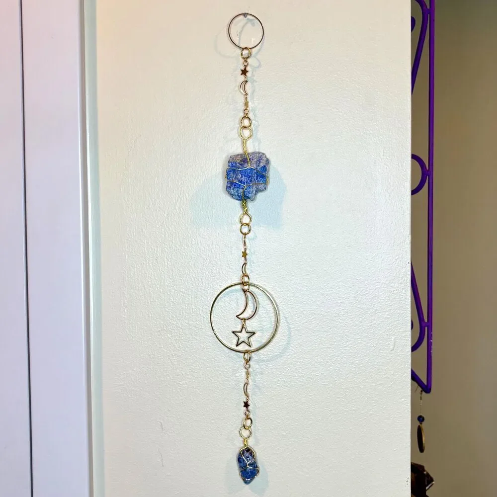 Lapis Lazuli Wall Hanging | Raw & Tumbled Stone | Gold Moon Star Circle Frame